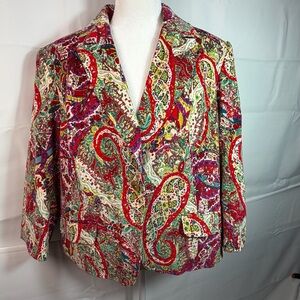 Latina Life Red Velvet Floral Paisley Blazer 3/4 Sleeve Large Boho Whimsy Artsy